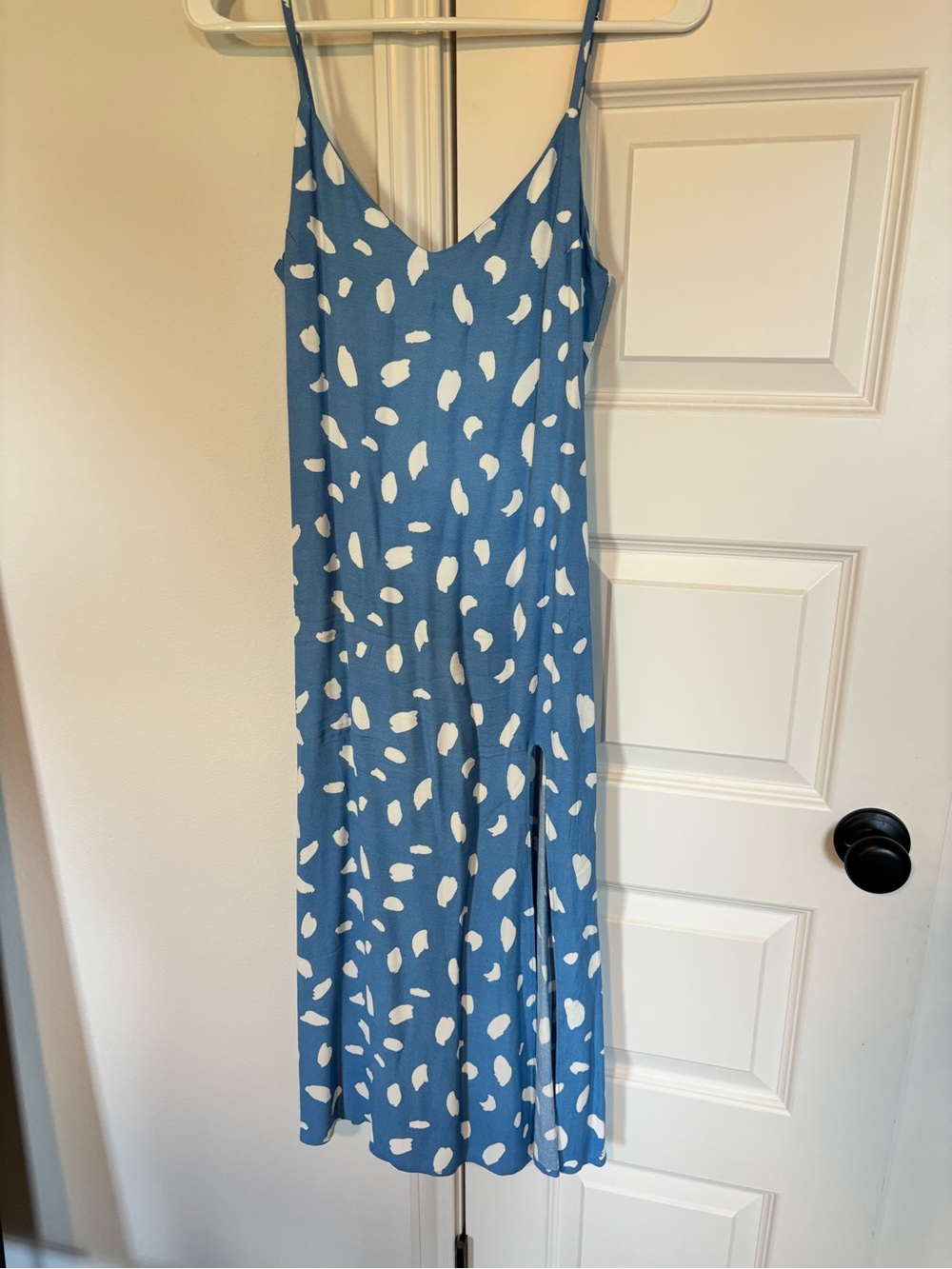 Reformation Blue Slip Dress with White Spot Print